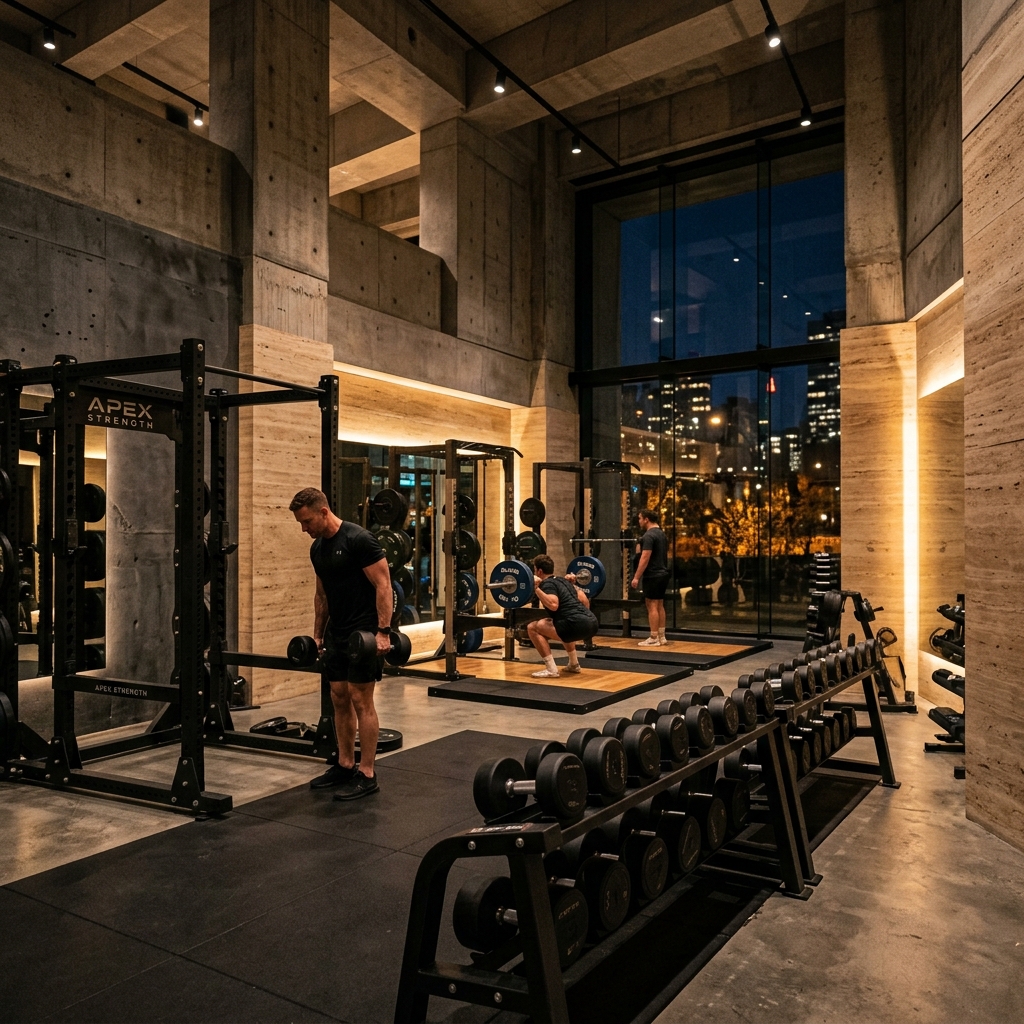 Aesthetic high contrast weight room at APEX gym